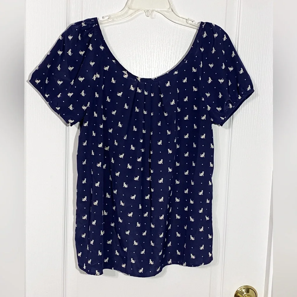 Old Navy CAT Print Puff Sleeve Bow Back Blouse Navy White Large